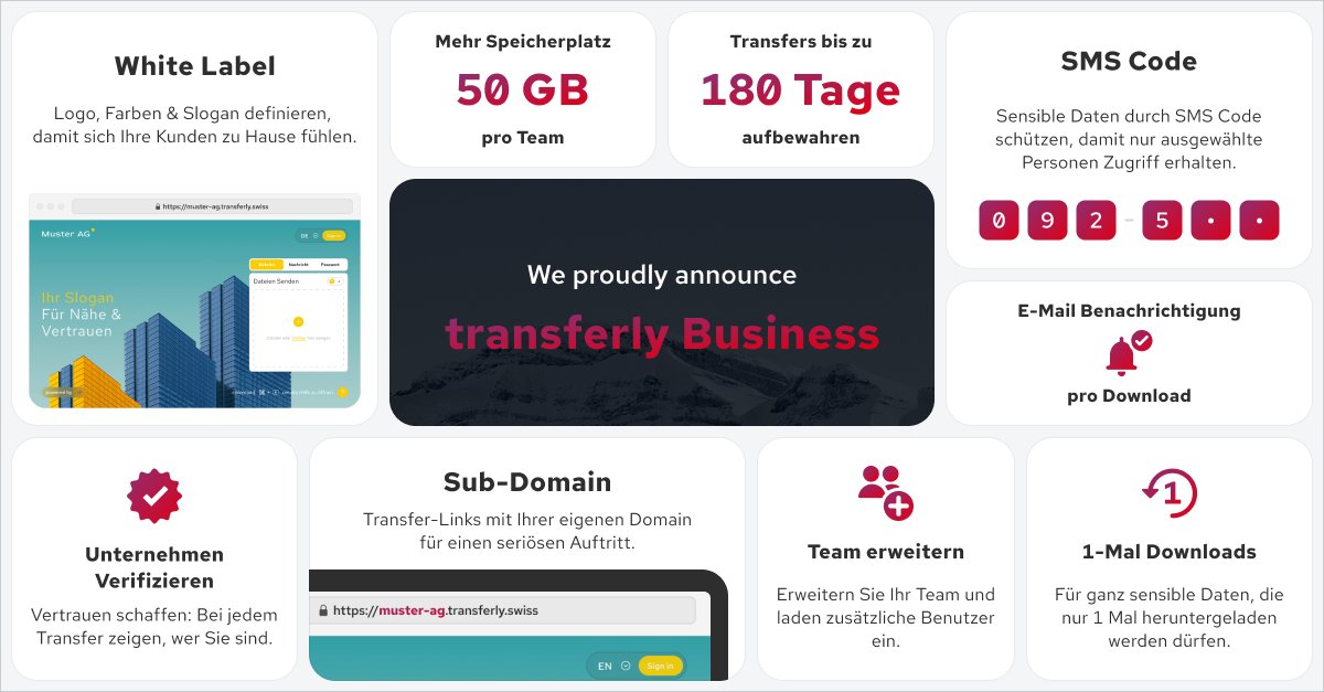 🎉 We proudly announce transferly Business 🎉

Wir freuen uns, Ihnen transferly Business vorzustellen. Damit erweitern wir transferly mit vielen neuen Funktionen, die Sie und Ihr Team noch sicherer und produktiver arbeiten lässt.

#filetransfer #swissmadesoftware #swisshosting