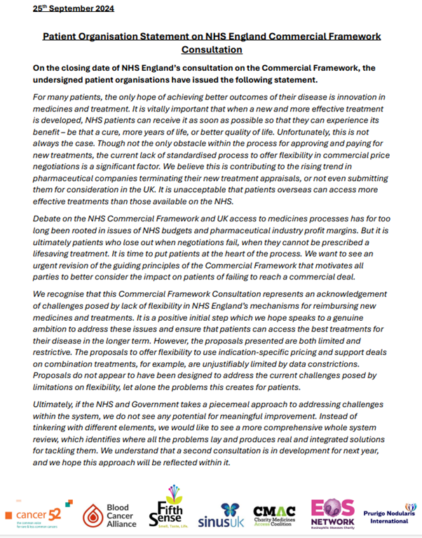 BloodCancerA's tweet photo. We have signed a joint patient org statement on the @NHSEngland Commercial Framework Consultation. We want to see a more comprehensive, patient-centred review that produces real solutions to the challenge of barriers to access to new and effective treaments for our patients. https://t.co/C66rDidbQA