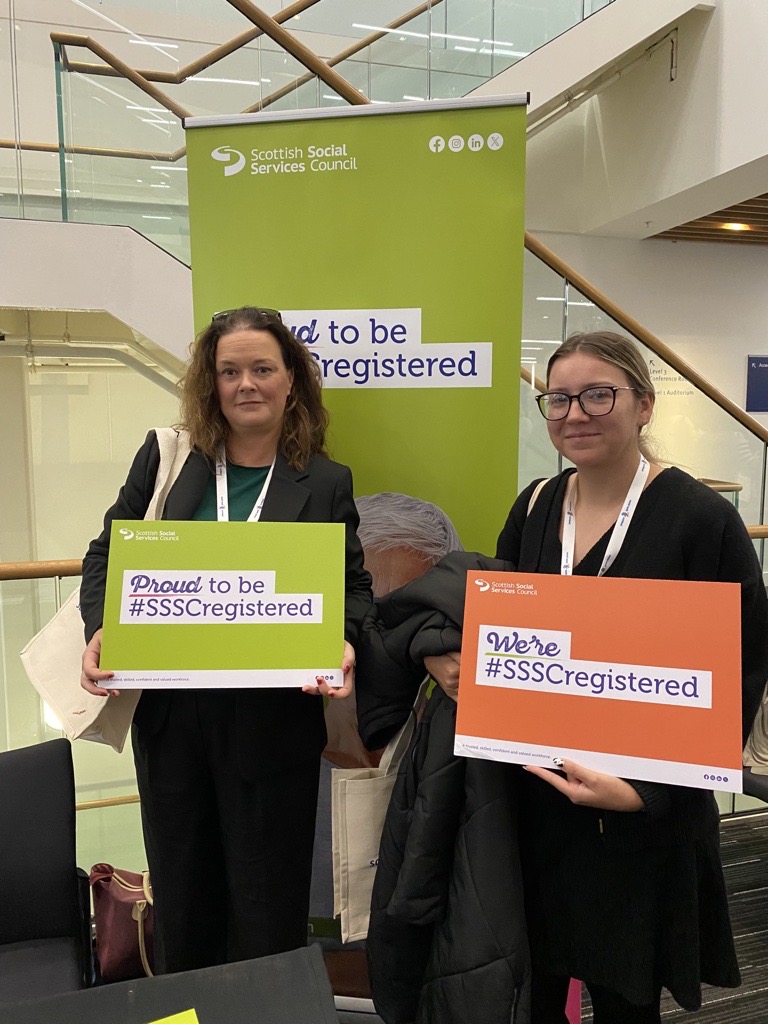 SSSCnews's tweet photo. Thanks to Jennifer &amp; Claire from @inverclyde for showing they're proud to be #SSSCregistered 🫶 Charlie Gracie, SSSC Learning &amp; Development Adviser, is also #SSSCregistered! 

Are you #SSSCregistered?  Find out how you can get involved ➡️ https://t.co/uGUdIevn2d 

#SWSConf2024 https://t.co/4LxaYV0vCD