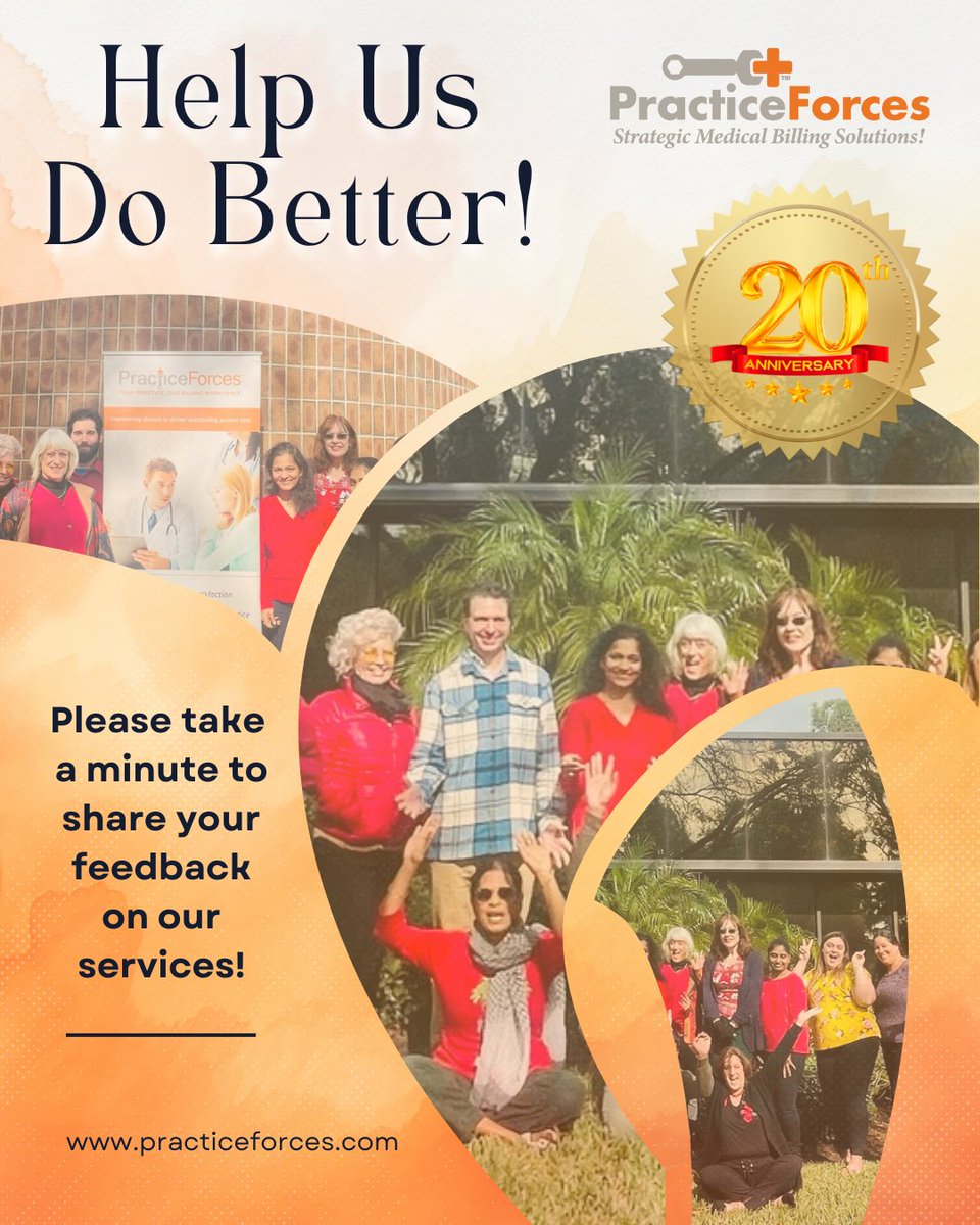 practiceforces's tweet image. Help Us Do Better!
If you are a #PracticeForces customer, we would love your feedback on our medical billing services. Please take a minute to share your feedback here. Your insights and experiences are invaluable to us.
rb.gy/cw2ud8

#medicalbillingservicesflorida