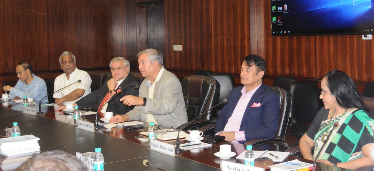 IDSAIndia's tweet photo. Gen Gaurav SJB Rana (Retd), Fmr Chief of Army Staff, Shri Sunil Bahadur Thapa, Adviser to President of Nepal, Dr Mrigendra Bahadur Karki, Exec. Director, CNAS, Tribhuvan Univ. &amp; @NavitaSrikant visited @IDSAIndia for interaction with @SujanChinoy &amp; scholars #India #Nepal https://t.co/dhFxxevPcA
