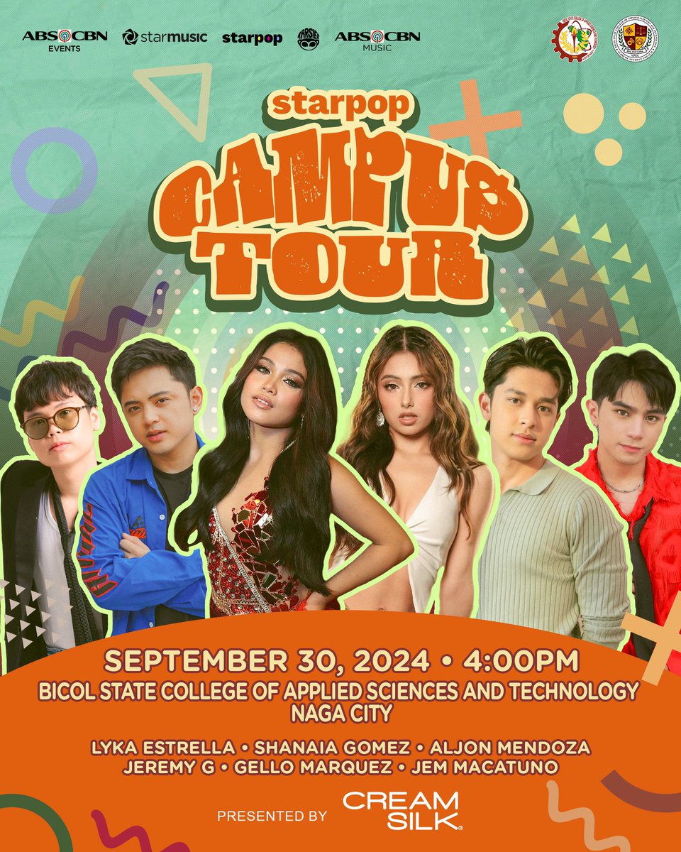StarMusicPH's tweet photo. NEXT SCHOOL: Bicol State College of Applied Sciences and Technology, Naga City!

Kita-kits tayo on September 30, 4PM for a month-ender that you will surely enjoy kasama ang #StarPopCampusTour barkada na sina #LykaEstrella @gomezshanaia, @AljonMendoza_, @imjeremyg, @imgellomarquez and @Jemmacatuns! 🫶🏻

See you there!

Presentend by @CreamSilkPH 

#ABSCBNMusic #ABSCBNEvents #CreamSilk