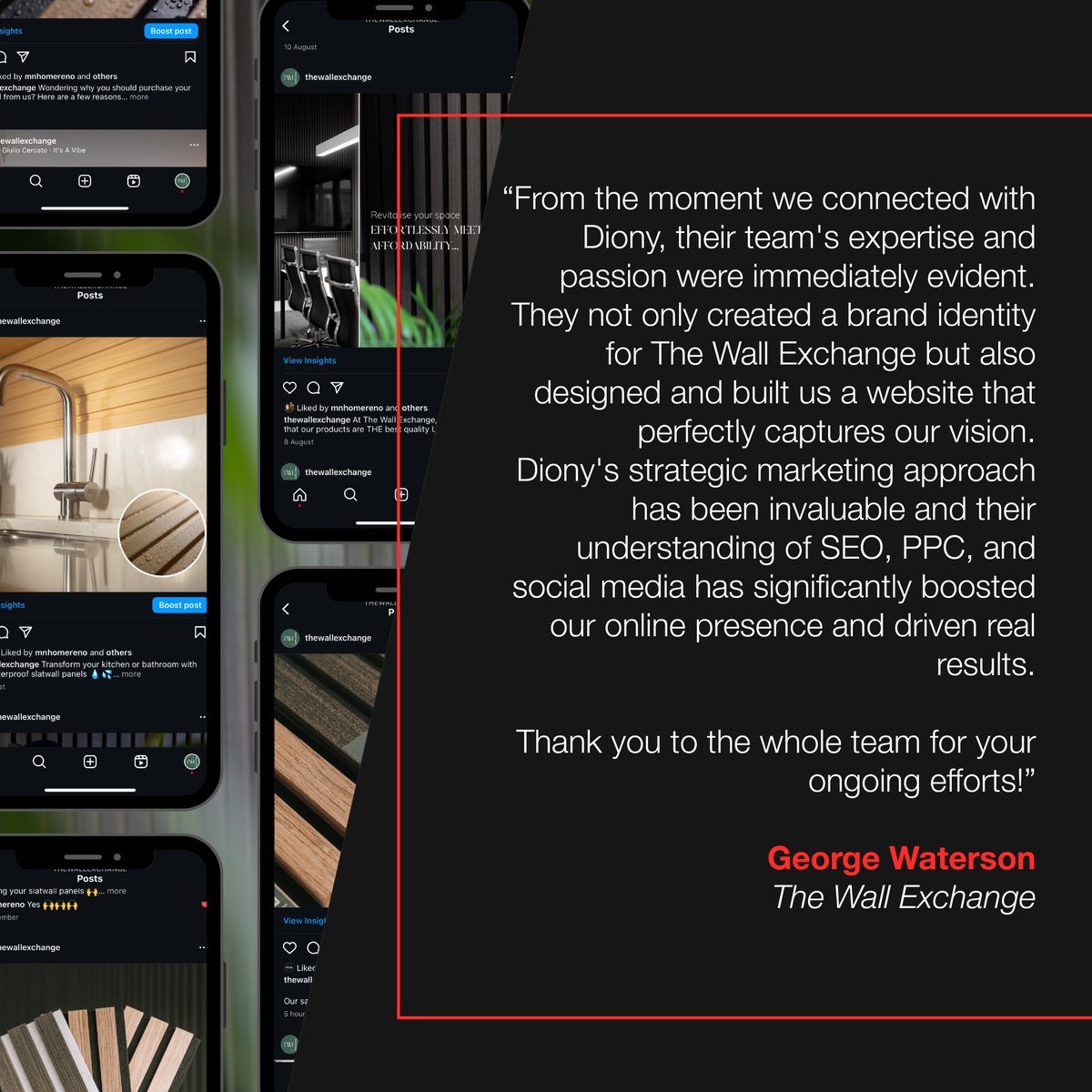 We're thrilled to be the full-service marketing and branding partner for The Wall Exchange, providing everything from brand development, website creation, and content production to organic and paid social, PPC, and SEO strategies.

#Diony #Testimonial