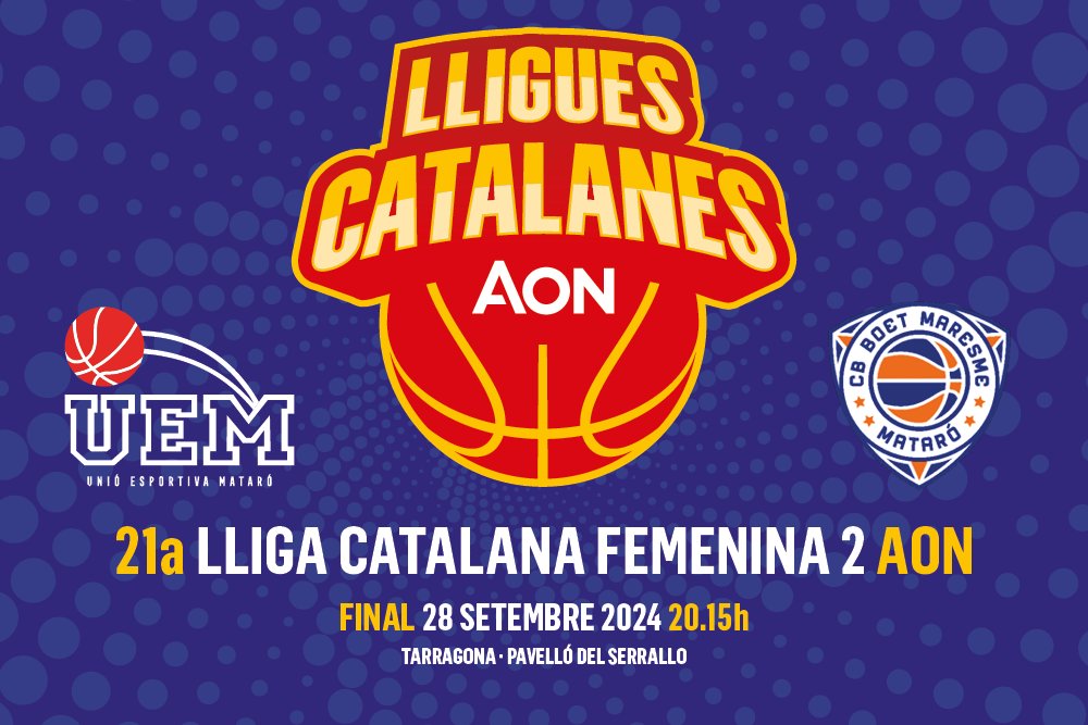 #LligaCAT🏀 / El Pavelló del Serrallo de #Tarragona acollirà la final de la 21a Lliga Catalana AON 2024 Femenina 2, que protagonitzaran <a href="/uemataro/">U.E. Mataró</a> i <a href="/cbboetmaresme/">CB Boet Maresme Mataró</a>!

🗓️ Dissabte 28 de setembre

🏆 <a href="/uemataro/">U.E. Mataró</a> 🆚 <a href="/cbboetmaresme/">CB Boet Maresme Mataró</a> (20:15h)

📺 <a href="/laxarxames/">La Xarxa+</a> 

➡️ basquetcatala.cat/noticies/10899