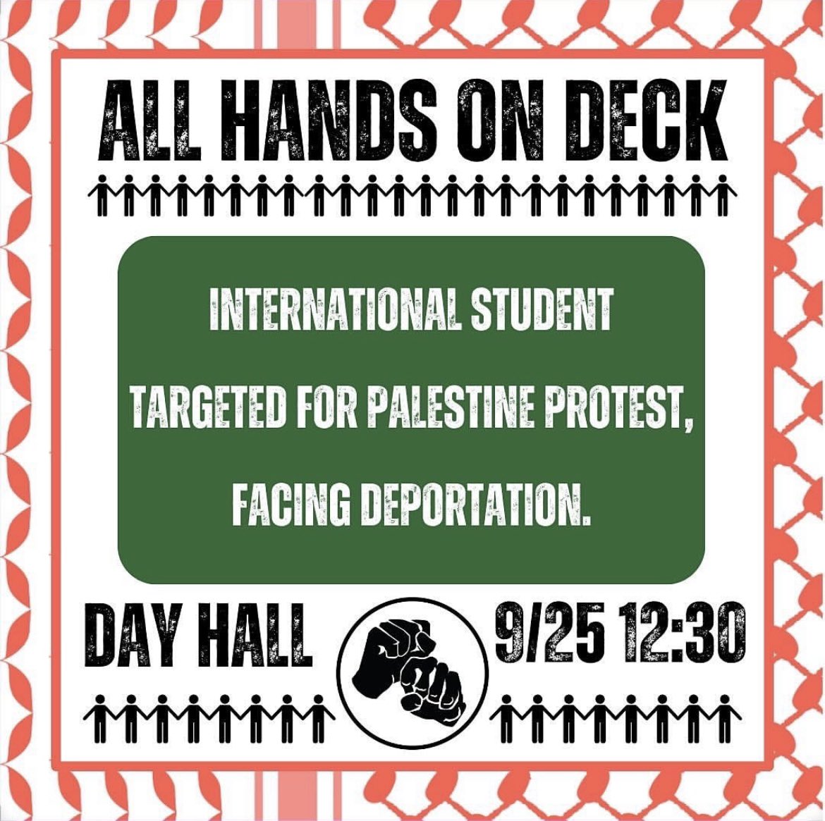 RALLY AT 12:30: Over 186,000 Palestinians have been murdered in Gaza, and Cornell has responded by threatening to deport one of our campus’ most vocal advocates against genocide and imperialism. Today we rally for Palestine, for Lebanon, and for our friend Momodou. Be there.