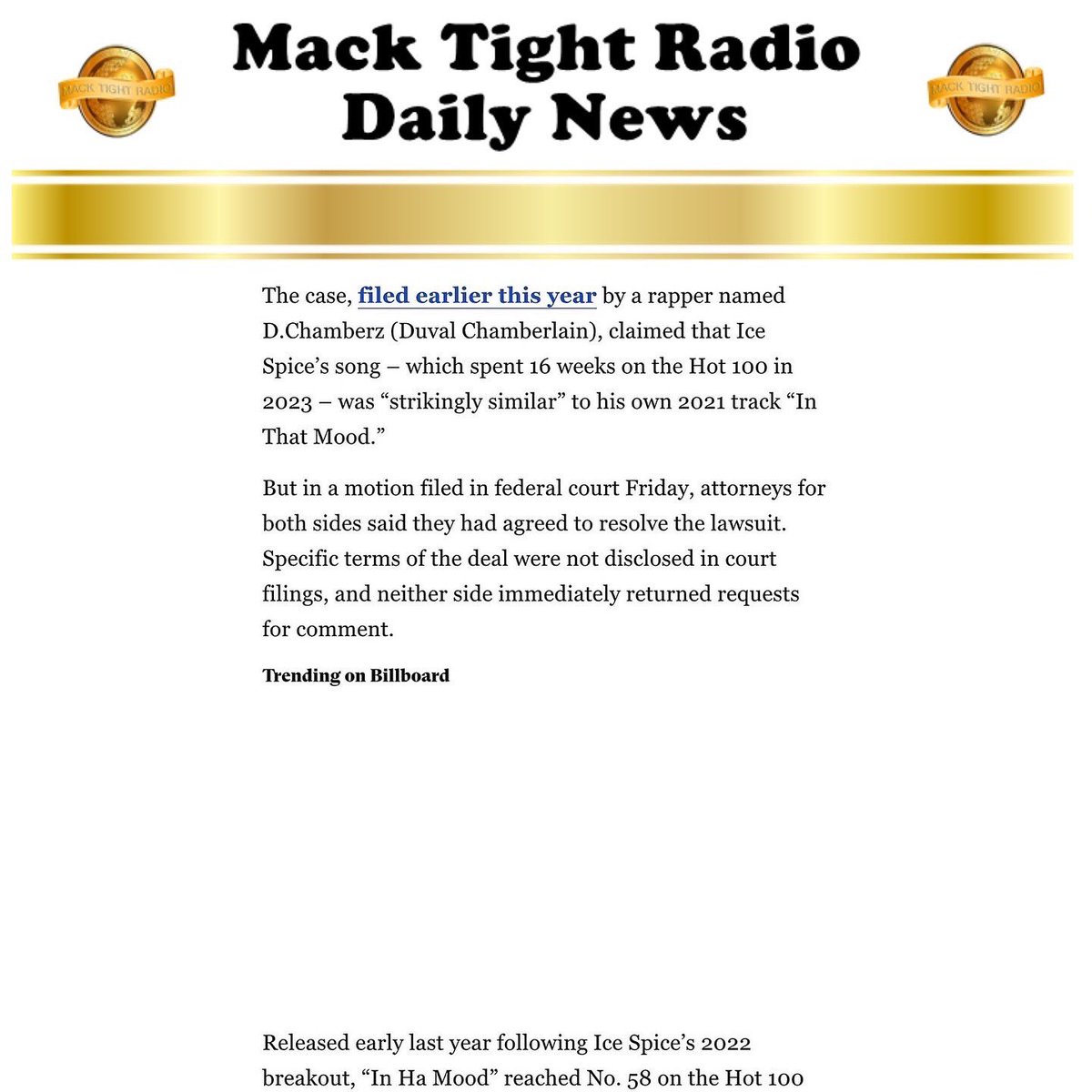 MackTightRadio's tweet photo. #IceSpice settles copyright claim by a #Brooklyn #Rapper named #DChamberz who claimed his song #InThatMood ❌ her song #InHaMood sounded similar 👀 - #MackTightRadio 📻 #Ready2LearnShow 🧐 [Watch #MackTightTV On #RokuTV ❌ #FireTV On Channel #MackTight ❌ LISTEN TO Mack Tight Radio on https://t.co/ws5AZ3tw0M] #MackTight