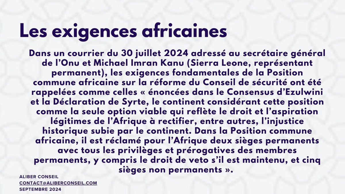 Les positions sur la perspective d’adhésion d’un pays africain comme membre du conseil de sécurité de l’ONU
À lire sur aliberconseil.com/veto-ou-pas-ve…
 1/2