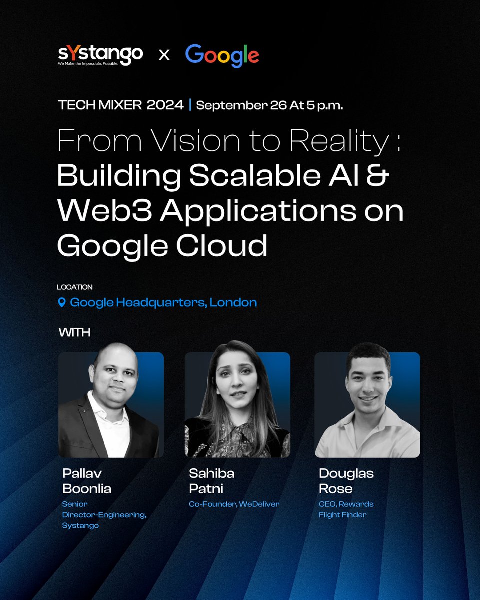 Systango's tweet photo. We are all set for TECH MIXER 2024!
Discover how to build scalable AI and Web3 applications on @GoogleCloud with industry experts.
We're excited to announce our expanded panel of speakers!
#TechMixer2024 #AI #Web3 #GoogleCloud #London #Systango https://t.co/Mqrg5gxmLa