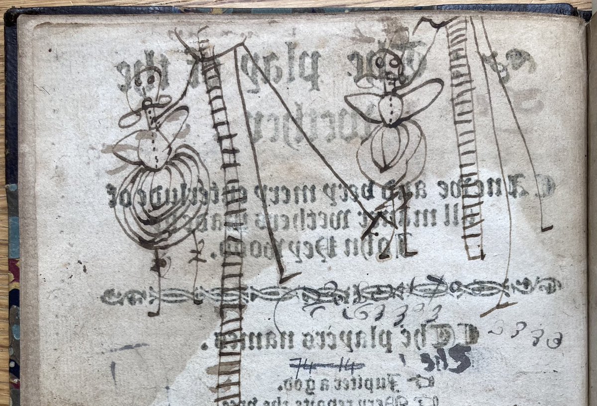 Wonderful 17thC(?) doodle of a hanging in this unique copy of John Heywood’s ‘The play of the wether’ (London, ?1544), <a href="/theULSpecColl/">Cambridge UL Special Collections</a> Sel.5.61. The inscription below notes that ‘These to thifes rob[b]ed a man at ?Clatford riding to Wickham market ffor to bye some corne…’ (1/2)