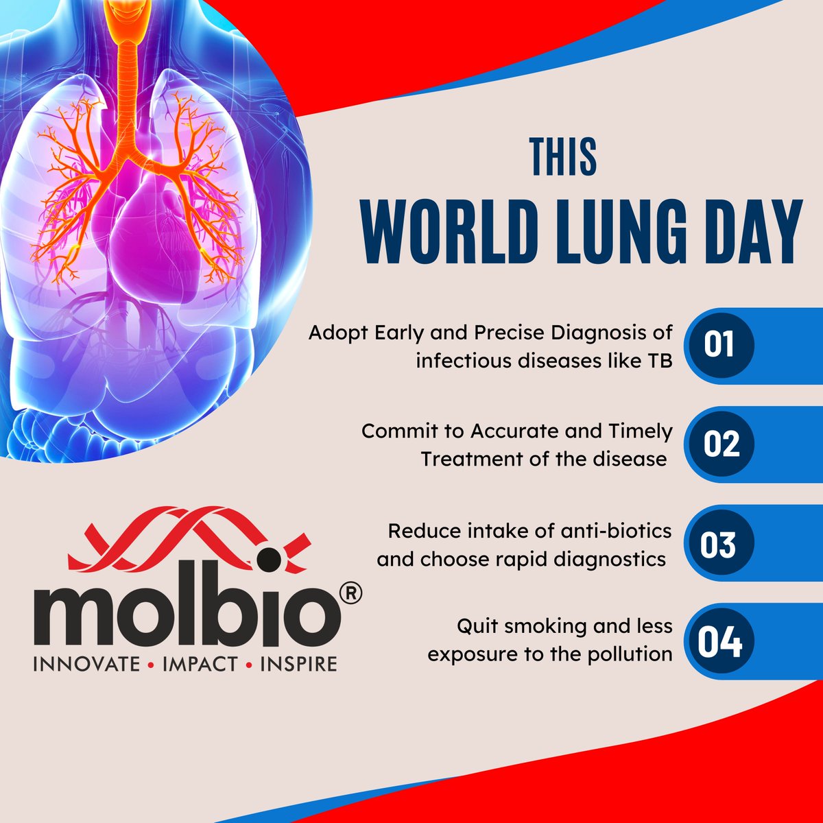MolbioDx's tweet photo. On this World Lung Day, let’s pledge to reduce antibiotic use and build healthier communities through rapid diagnostics and timely treatment.
#WorldLungDay #CleanAir #LungHealth #precisediagnotics #accurateresults #timelytreatment #pointofcare #truenat #prorad #HealthForAll