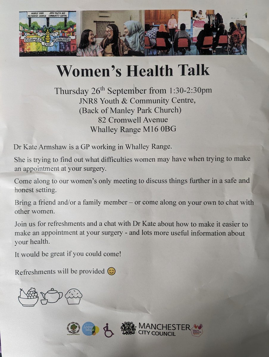 🌸 Women’s Health Talk with Dr. Kate Armshaw 🌸Join local GP Dr. Kate Armshaw for an insightful Women’s Health Talk on Thursday, 26th September, 1.30pm – 2:30pm. Bring a friend. Further details below ⬇️
#WomensHealth #CommunityTalk #WhalleyRange #SupportAndCare
