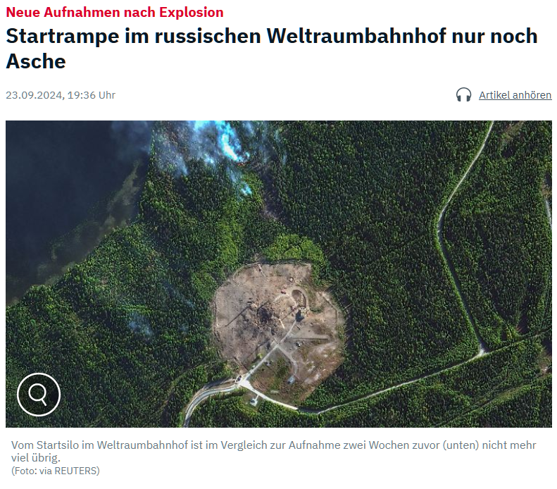 Der russische Weltraumbahnhof Plessezk unweit der  Skandinavischen Halbinsel ist um einen großen Krater reicher. 
Berichten  zufolge explodierte eine Interkontinentalrakete vom Typ RS-28 Sarmat im  Startsilo. 
Er wurde vollkommen zerstört.