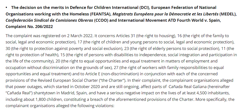 El Comité Europeo de Derechos Sociales ya ha tomado una decisión sobre la falta de suministro que desde hace 1.450 días impide el acceso a energía eléctrica a 4.500 personas, incluyendo 1.800 menores, en #CañadaReal. Esperamos notificación próximamente. coe.int/en/web/europea…