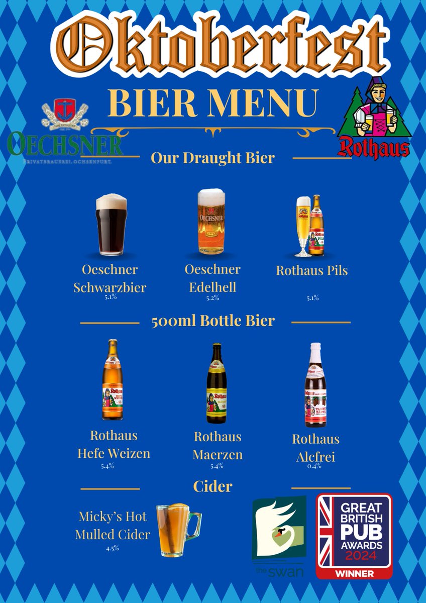 TheSwan_Clewer's tweet image. Willkommen to the nation&apos;s BEST Community Pub celebrating Oktoberfest! We have a great lineup of biers Fri 27 - Sun 29. Don your Lederhosen and Dirndl, we&apos;ll see you at The Swan!
#TheSwanInClewer #WindsorUK  #CommunityPub #pubawards #oktoberfest2024 #oechsner #rothaus #CAMRA