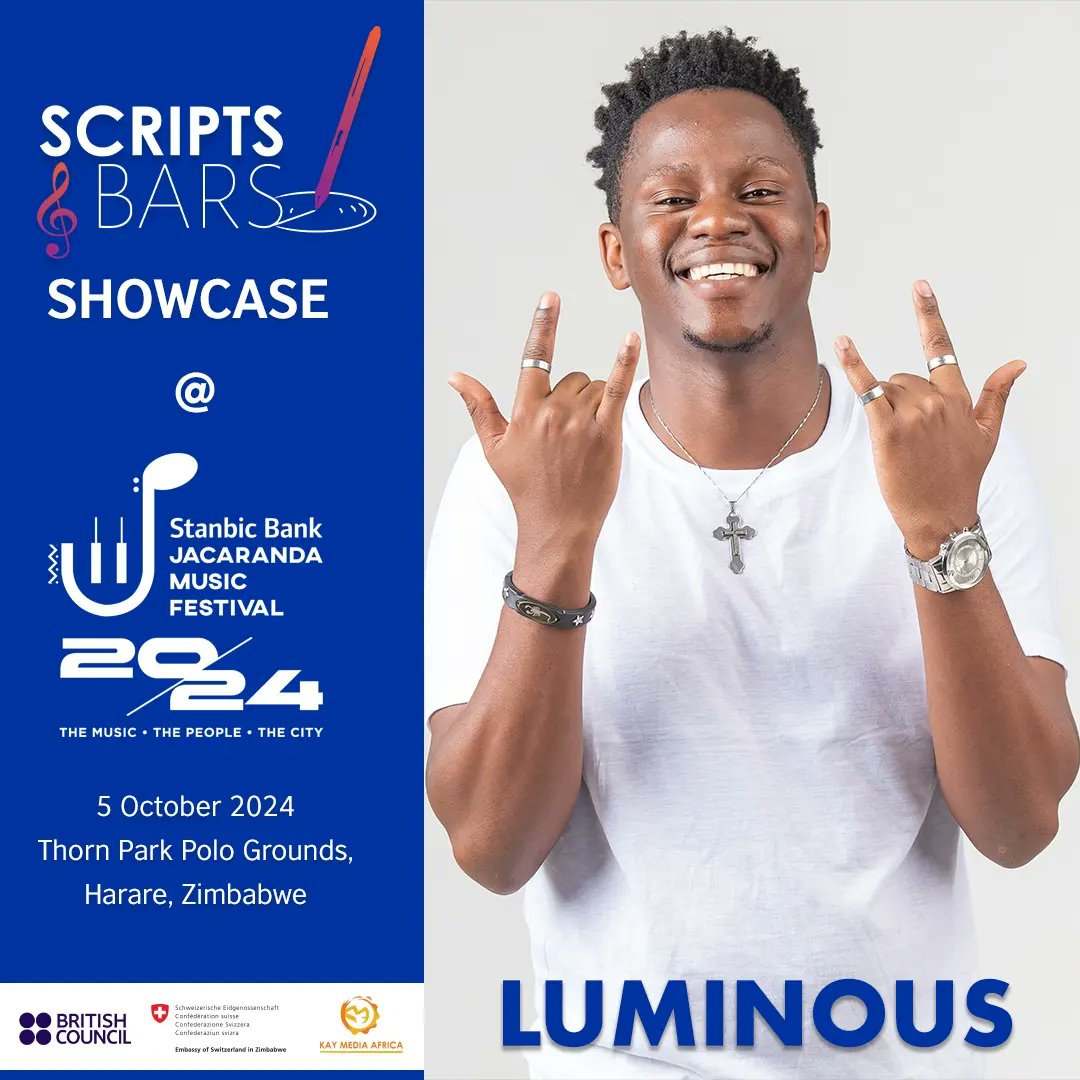 scriptsandbars's tweet image. We are excited to announce that @MeetLuminous will be performing during the Scripts and Bars Showcase at the Stanbic Bank Jacaranda Music Festival on October 5, 2024, in Harare.
@SouthernAfrArts @jacarandamusicf @kaymediaafrica
#SJMF2024 #ScriptsandBars #BritishCouncil #BCSSAArts