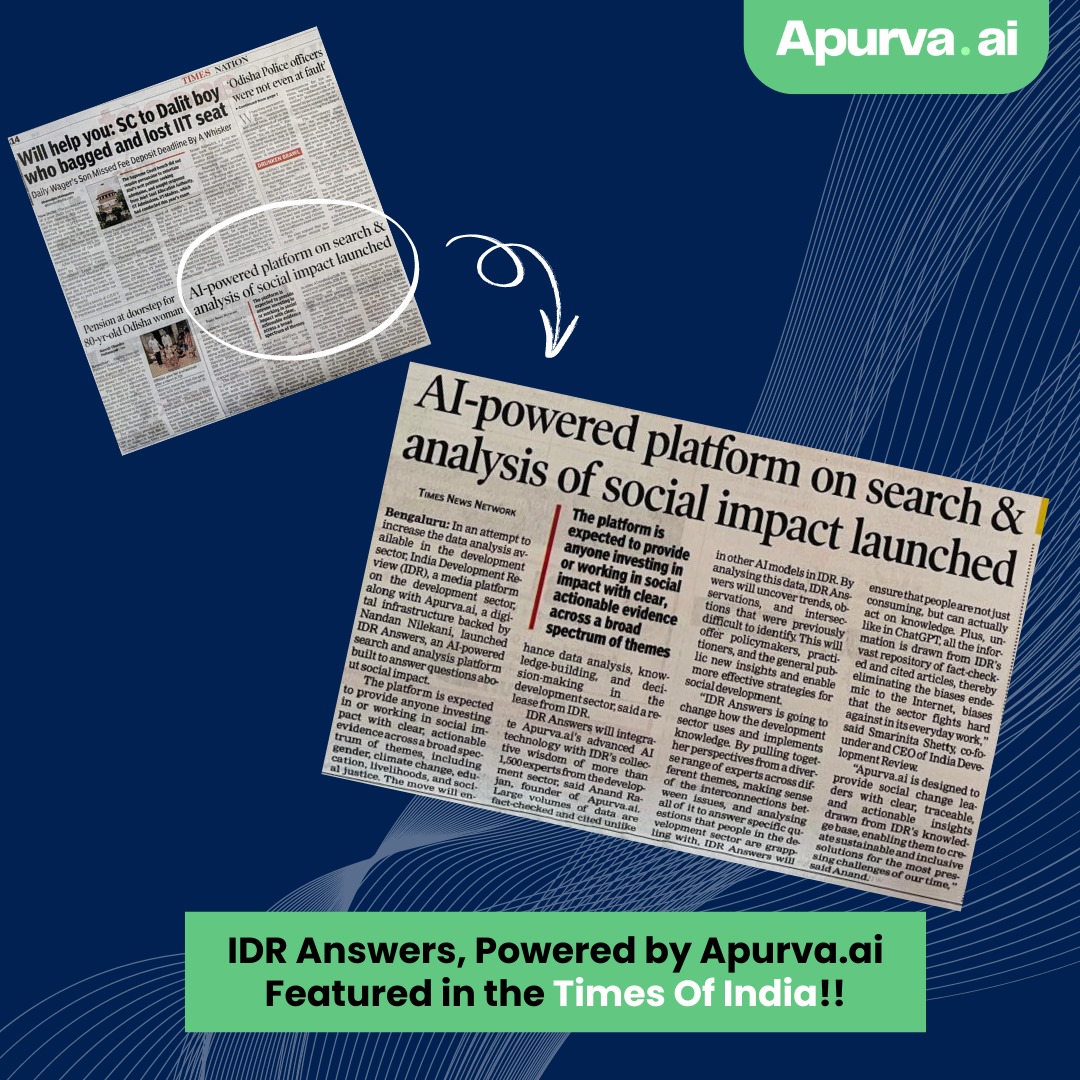 We are in the news! Excited to share that #IDRAnswers, powered by <a href="/apurva_ai/">Apurva.ai</a>, has been featured in the <a href="/timesofindia/">The Times Of India</a>  today! Read the article here: timesofindia.indiatimes.com/city/bengaluru…