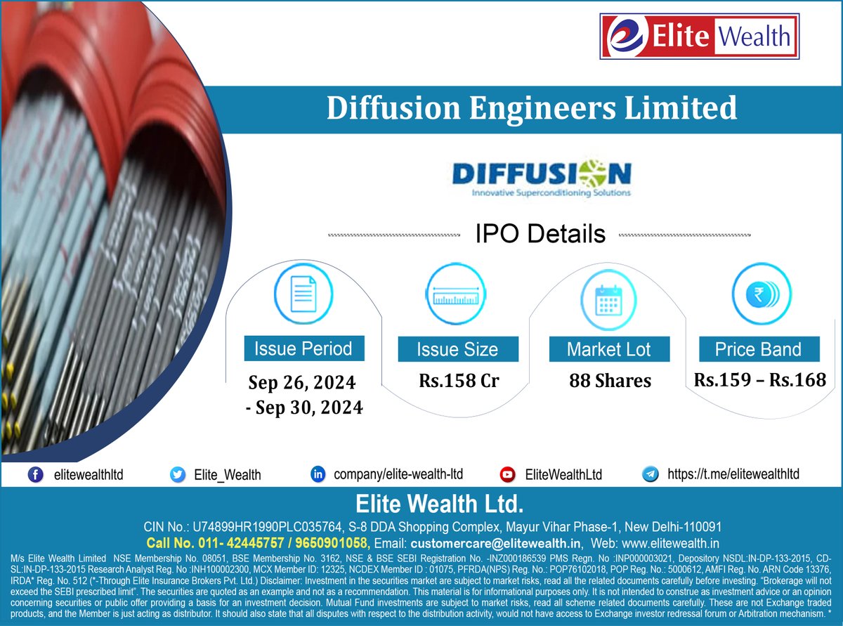Elite_Wealth's tweet image. IPO Alert-
Diffusion Engineers IPO will open on September 26, 2024 – September 30, 2024

Apply for the IPO via our platform: elitewealth.in/ipo-bidding/

For more details visit our website: elitewealth.in/diffusion-engi…

#diffusionengineersipo #diffusionengineersipogmp #diffusionengineers