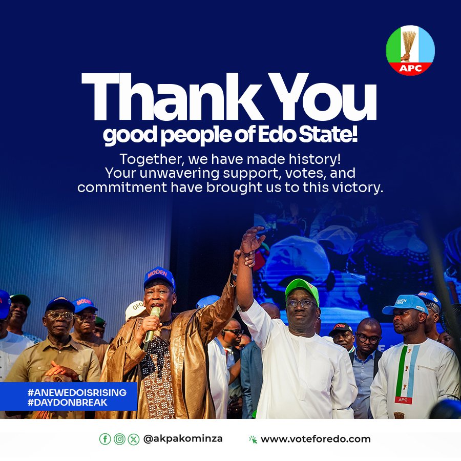 Dear Edolites,

Your voices were heard, your votes counted, and your patience paid off. We thank you for believing in Senator Okpebholo's leadership and his 5-point agenda to transform Edo State. Your endorsement is a testament to his tireless efforts to serve the people of Edo.