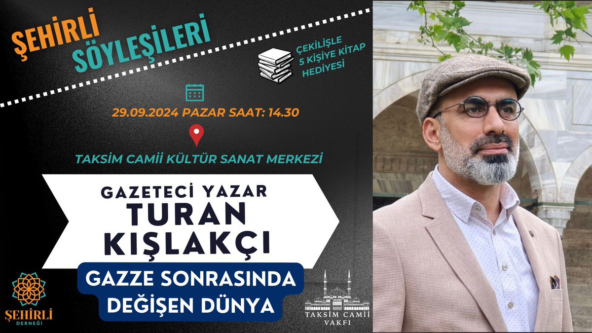 sehirlidernegi's tweet photo. 📣 Şehir Söyleşileri sohbetlerimizin ilkini, Ortadoğu uzmanı değerli gazeteci-yazar @turankislakci ile bu Pazar @taksimcamii'de gerçekleştireceğiz.

📚 Ayrıca etkinliğe katılanlar arasında yapılacak çekilişle 5 kişiye kitap hediye edeceğiz.

Tüm şehirlileri bekleriz ✋🏻 https://t.co/QzIpSZMSNl