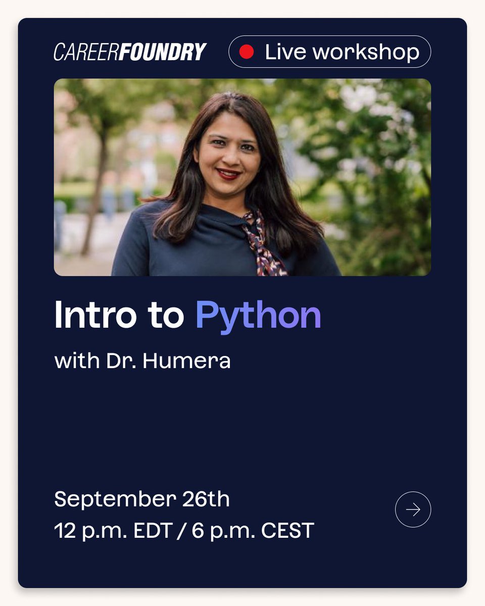 Mastering Python is vital to becoming a data analyst. Want to get hands-on experience, live from an expert, for free? 🐍  
Join us September 26 at 6:00 p.m. CEST with Dr. Humera. Reserve your spot now 👉 bit.ly/4eginum  
#dataanalytics #skillworkshop #python