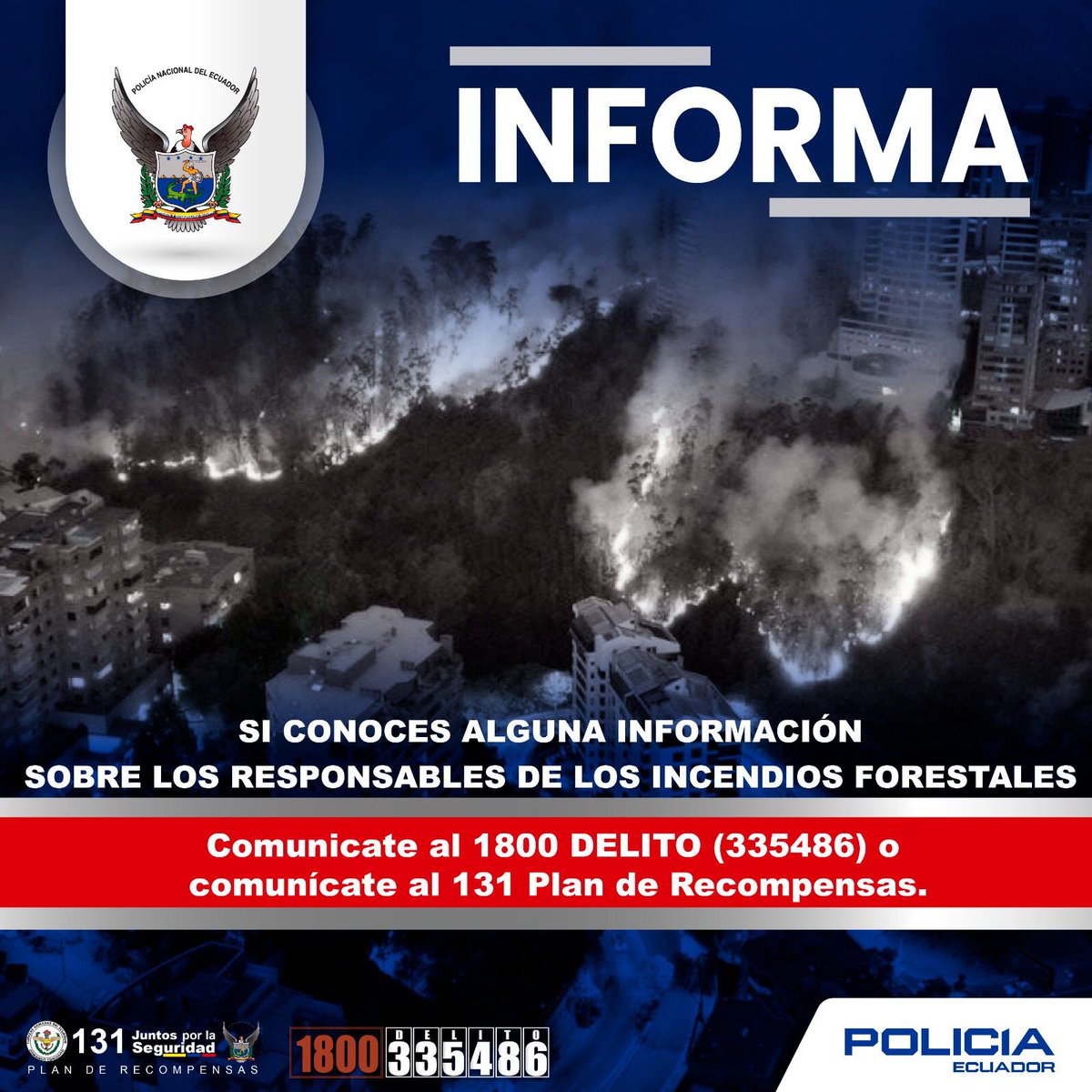 INFORMA ||

Tras flagelos suscitados el día de ayer en distintos lugares de la ciudad de #UIO, la #PolicíaEcuador realiza las investigaciones para localizar y capturar a los responsables de estos hechos.

No descansaremos hasta ubicar a las personas que ponen en riesgo la
