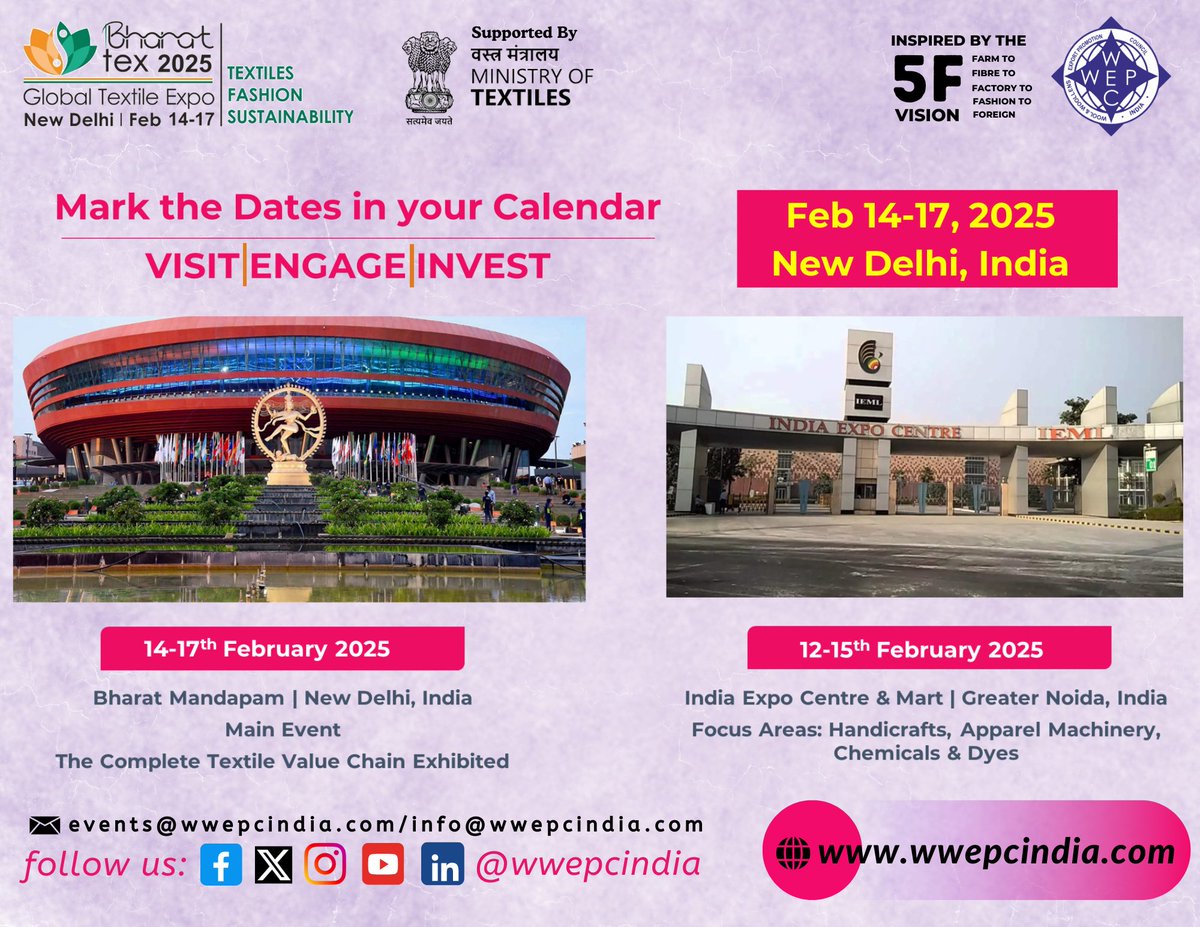wwepcindia1's tweet photo. Mark Your Calendar for @Bharat_tex: Where Innovation Meets Tradition
#bharattex2025 #textileinnovation #markyourcalendars #indiantextiles #TraditionMeetsInnovation #textileexpo #globaltextilehub #discoverindiancrafts #textiletradeshow https://t.co/hIWp5TObCc