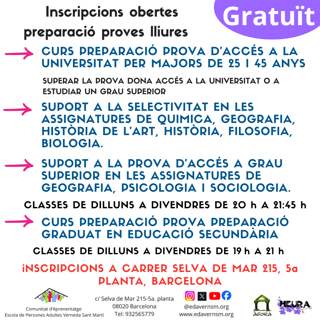 edavernsm's tweet photo. ➡️Gratuït! Apunta’t als cursos de preparació de proves lliures per accedir a la universitat, grau superior o graduat en ESO. Classes de dilluns a divendres a Barcelona. Inscripció online a: https://t.co/fnwg2uKmgk Us esperem 🎓 #universitat https://t.co/HWr3OuQcd5