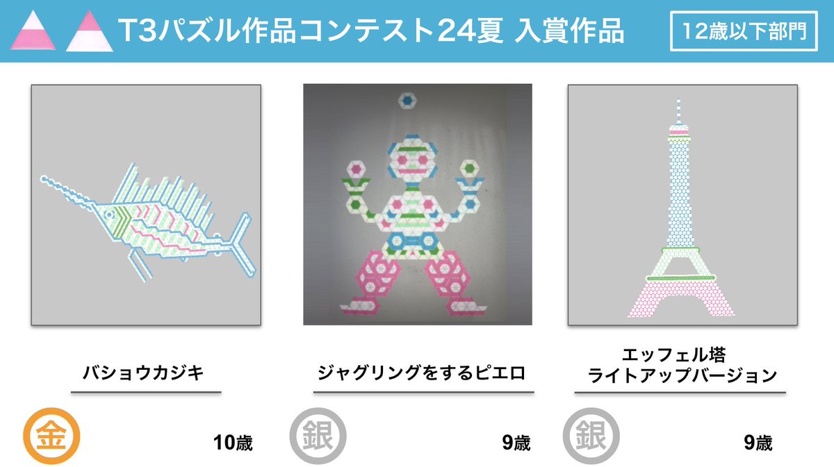 T3パズル作品コンテスト24夏 入賞作品発表！
12歳以下部の金賞・銀賞をご紹介です。
金賞：バショウカジキ
銀賞：ジャグリングをするピエロ
銀賞：エッフェル塔 ライトアップバージョン
#T3パズル #作品コンテスト
tessellation.jp/t3summer/2024