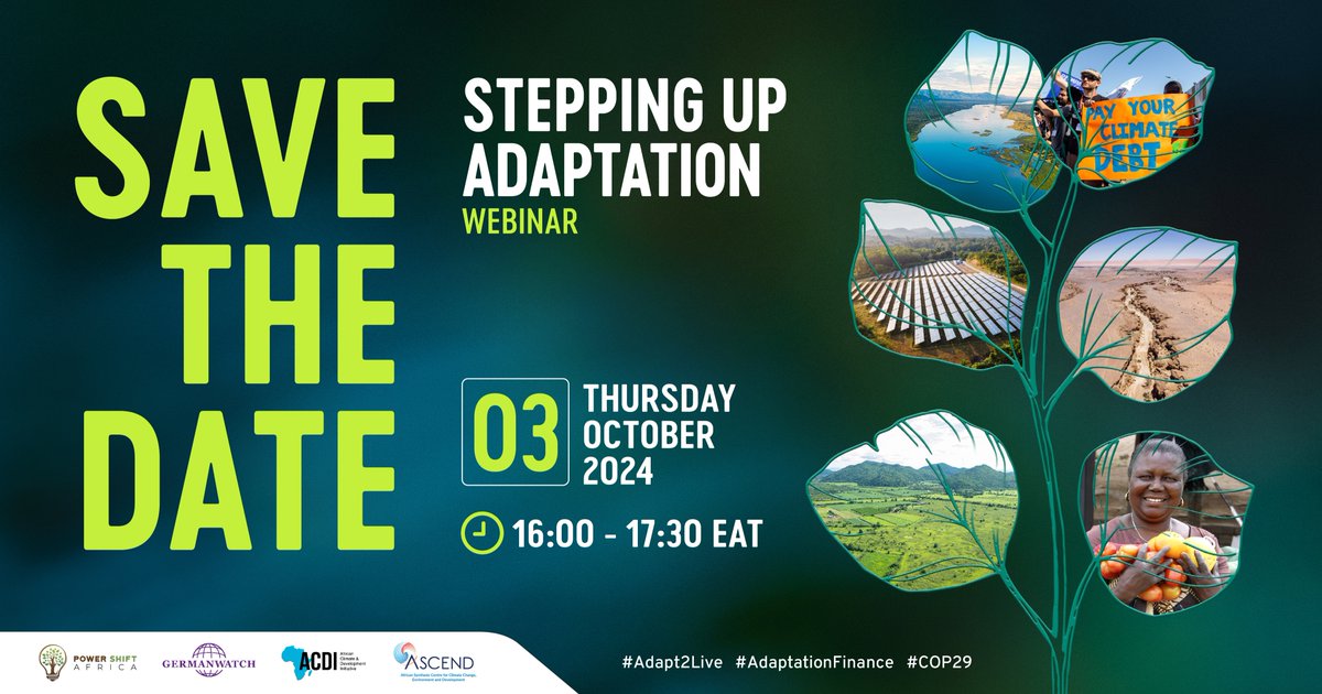 SAVE THE DATE!

We're excited to be hosting a webinar on 3rd October 2024 at 4PM EAT/1PM GMT, to explore the UAE-Belém work programme, which is central to developing indicators to measure progress towards the Global Goal on Adaptation (GGA).

Join us as we discuss these critical