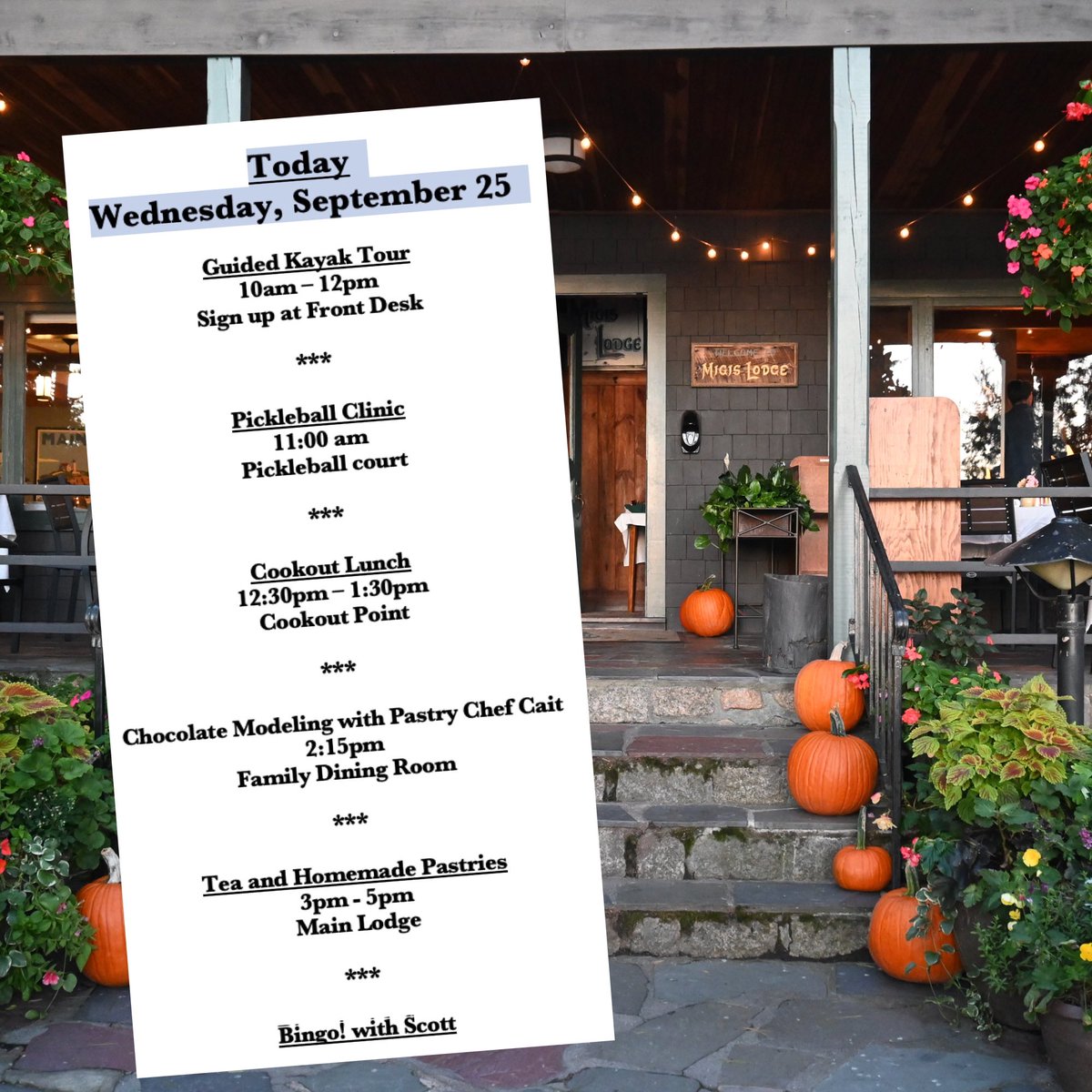 A little pause for a fall breath. What'll it be? #Migis #SebagoLake #bingo #kayak
#allinclusiveresort #pickleball #chocolateschool 
#todayatmigis #gooutsideandplay