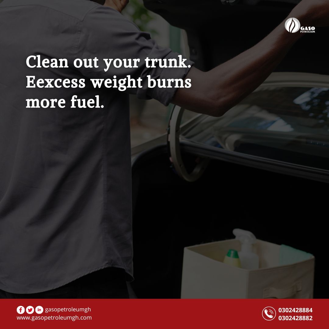 gasopetroleumgh's tweet photo. Did you know that driving with extra weight, such as carrying unnecessary items, can increase your fuel consumption?
Make sure to clean out your trunk and back seat of items you won't need to save some money on fuel!
#fuelsavingtips
#gasopetroleumgh https://t.co/zGAbqavoYS