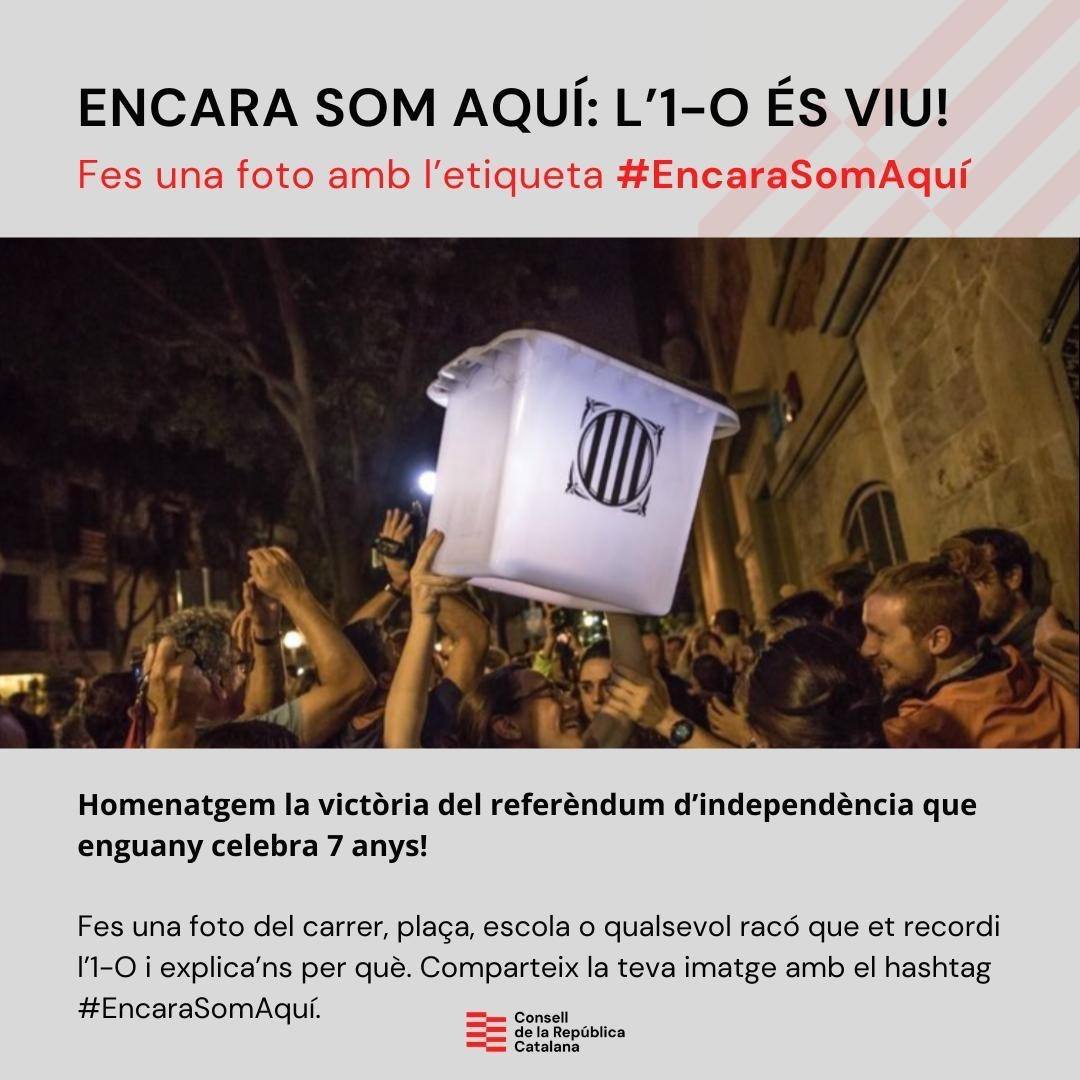 @CLxRGirona (@clxrgirona) on Twitter photo 🔴Tens un carrer, plaça o espai al teu poble o ciutat amb el nom "1 d'Octubre"?
1️⃣ Fes-li una foto i publica-la a X, Instagram i/o Facebook
2️⃣ Menciona el <a href="/ConsellRep/">Consell de la República Catalana</a>
3️⃣ Indica'ns on és
4️⃣ Utilitza l'etiqueta #EncaraSomAquí
✊Volem mantenir viu el record d'aquella victòria! 🔴Tens un carrer, plaça o espai al teu poble o ciutat amb el nom "1 d'Octubre"?
1️⃣ Fes-li una foto i publica-la a X, Instagram i/o Facebook
2️⃣ Menciona el <a href="/ConsellRep/">Consell de la República Catalana</a>
3️⃣ Indica'ns on és
4️⃣ Utilitza l'etiqueta #EncaraSomAquí
✊Volem mantenir viu el record d'aquella victòria!