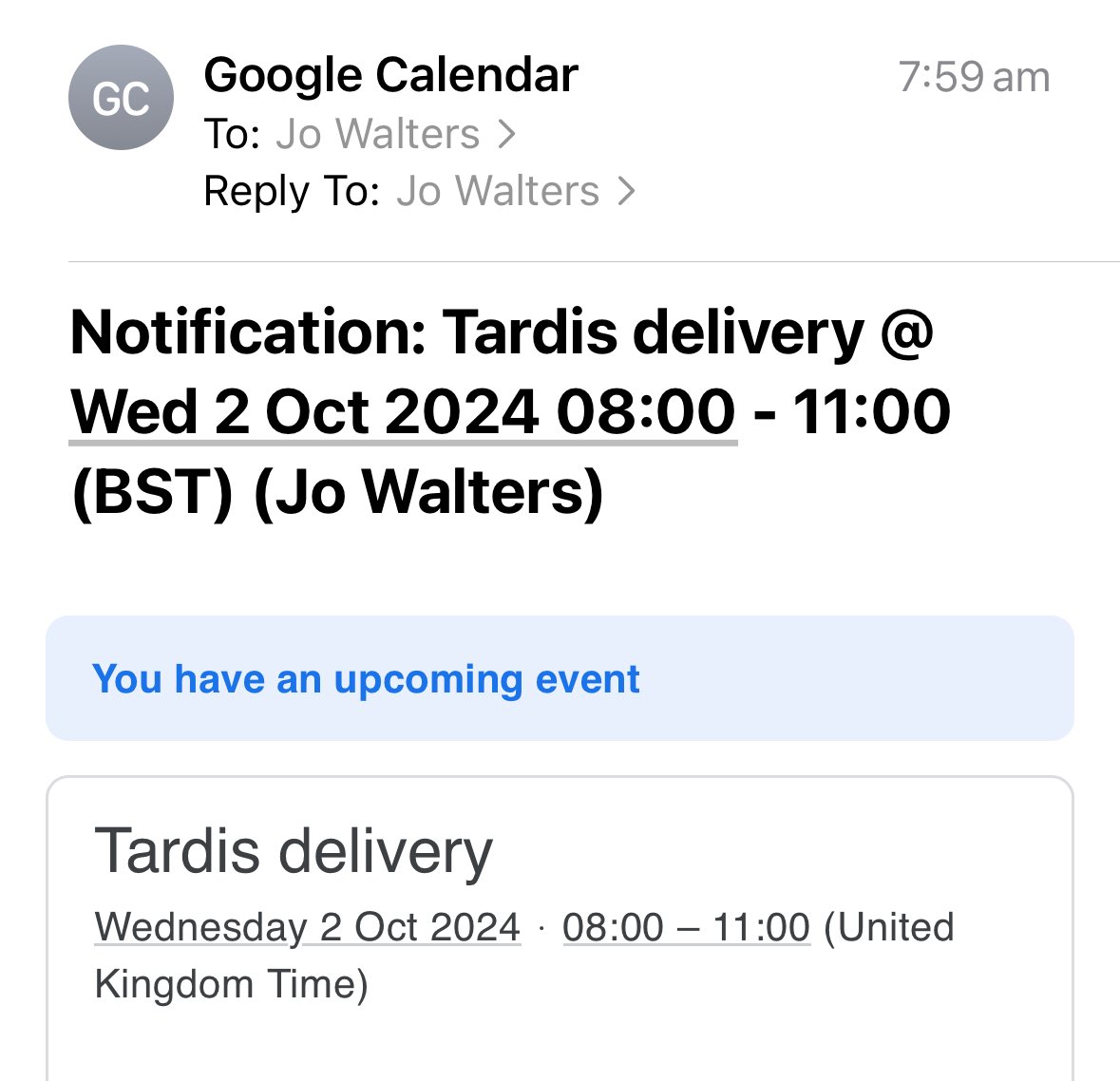 ‘Reschedule Tardis delivery’ is genuinely on my to do list today.