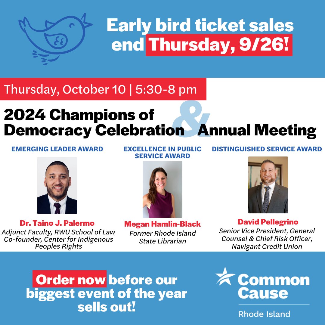 commoncauseri's tweet photo. Have you purchased your tickets for the 2024 Champions of Democracy Celebration? Early bird ticket sales end TOMORROW (9/26)! Order now before prices go up - or the event sells out! https://t.co/Kl4GYrx8oy https://t.co/65ar6PqxFa