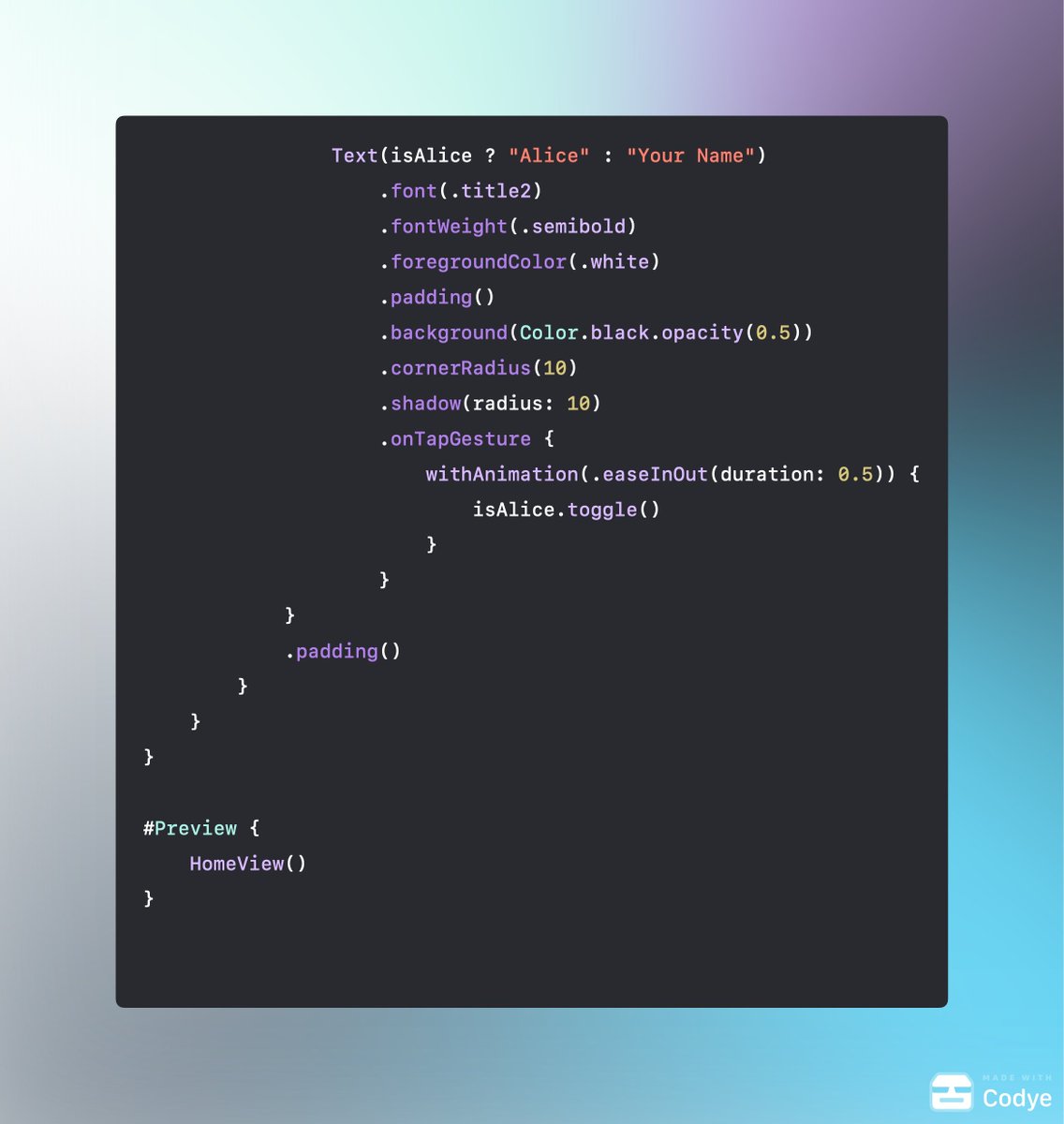 SwiftxNin's tweet photo. Simple Interactive Profile View in SwiftUI

What it does:

Uses LinearGradient to create a dynamic background.
Displays a profile image with a circular border and shadow for a sleek look.
Includes a text element that changes between "Your Name" and "Alice" when tapped.
#SwiftUI https://t.co/dFFFoJYNvt