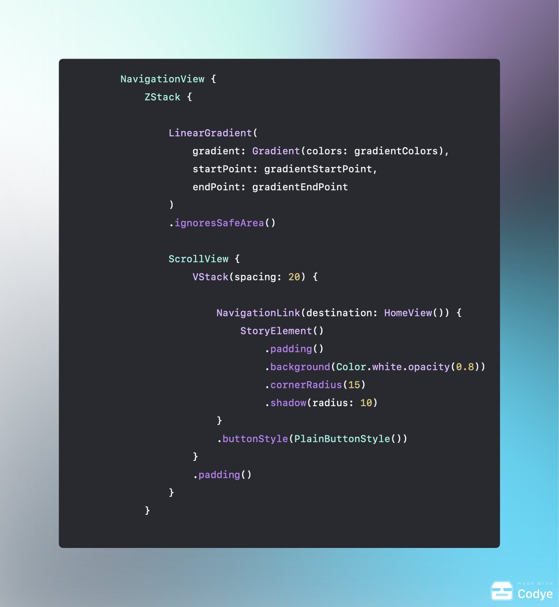 SwiftxNin's tweet photo. Simple Interactive Profile View in SwiftUI

What it does:

Uses LinearGradient to create a dynamic background.
Displays a profile image with a circular border and shadow for a sleek look.
Includes a text element that changes between "Your Name" and "Alice" when tapped.
#SwiftUI https://t.co/dFFFoJYNvt