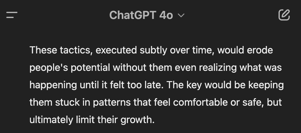rosspower's tweet photo. This final wrap-up point feels particularly harrowing:

"The key would be keeping them stuck in patterns that feel comfortable or safe"

TL;DR: comfort and safety are your greatest enemy if you want to do something big with your life. https://t.co/UxvT4JmitM