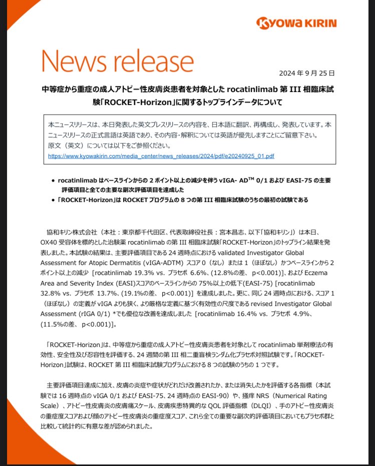 協和キリンおめでとう㊗️

rocatinlimab(OX40抗体)のPh3試験でPoC獲得！！

これはまたブロックバスターか！？
キリンは賭けに勝った！！😆