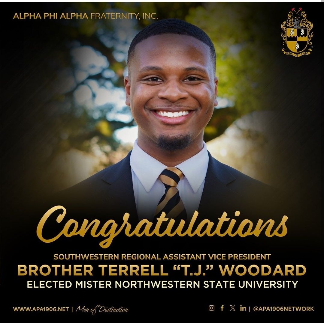 ThetaChiAlphas's tweet image. Alpha Phi Alpha Fraternity, Inc. congratulates our current Southwestern Regional Assistant Vice President Brother Terrell “TJ” Woodard for being elected Mister Northwestern State University.

Please share.

#APA1906Network #MenOfDistinction