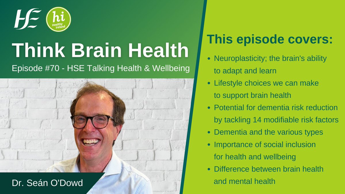 HsehealthW's tweet photo. Our latest #TalkingHealthandWellbeing #Podcast is focused on #BrainHealth with Dr. Seán O'Dowd Consultant Neurologist in @TUH_Tallaght and with @TurleyNoreen they discuss #neuroplasticity, #lifestylefactors, #socialengagement #Dementia #mentalhealth. Available on all podcast platforms and on our YouTube channel: https://t.co/sz9ecfI2Ps