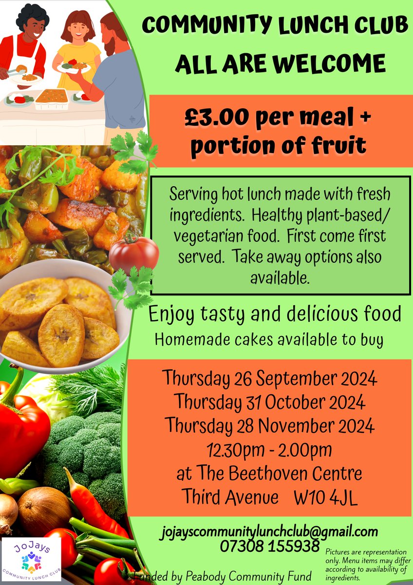 QPCouncil's tweet photo. JoJay’s Community Lunch Club are back for the Autumn! 

Healthy, nutritious &amp; delicious meals for only £3! Join your neighbours and come on down.

🗓️Thurs 26 Sep
🕓12:30-2pm
📍Beethoven Centre, Third Avenue

#WhatsOnInQueensPark #QueensPark #QPCC https://t.co/WHCW3hNgef