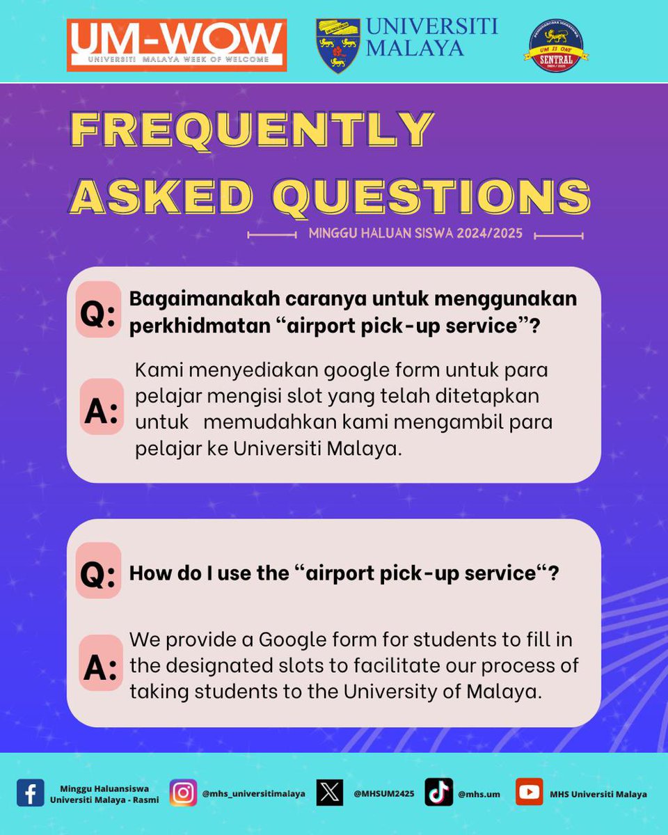 MHSUM2526's tweet photo. Frequently Asked Questions (FAQ) ❓

Got questions about Universiti Malaya Week of Welcome, university life, facilities, or academic matters in Universiti Malaya? We’ve got you covered! Check out our FAQs section for answers to all your pressing queries. https://t.co/imFijPlYp9
