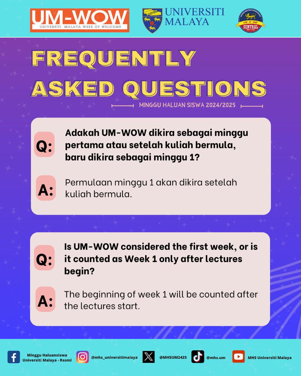 MHSUM2526's tweet photo. Frequently Asked Questions (FAQ) ❓

Got questions about Universiti Malaya Week of Welcome, university life, facilities, or academic matters in Universiti Malaya? We’ve got you covered! Check out our FAQs section for answers to all your pressing queries. https://t.co/imFijPlYp9