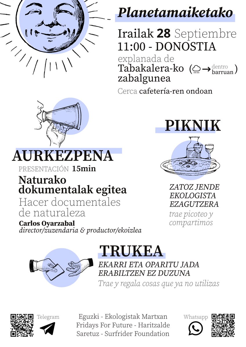 🌞 #PLANETAMAIKETAKO "Naturako
dokumentalak egitea".

🗓 Larunbat honetan irailaren 28an, goizeko 11etan
📍 Tabakalerako kafetegiaren aurreko zabalgunean (edo Tabakaleraren barruan, txarra egiten badu)
Carlos, zuzendaria &amp; ekoizlea, naturako
dokumentalak egiteaz mintzatuko da🐞🦅