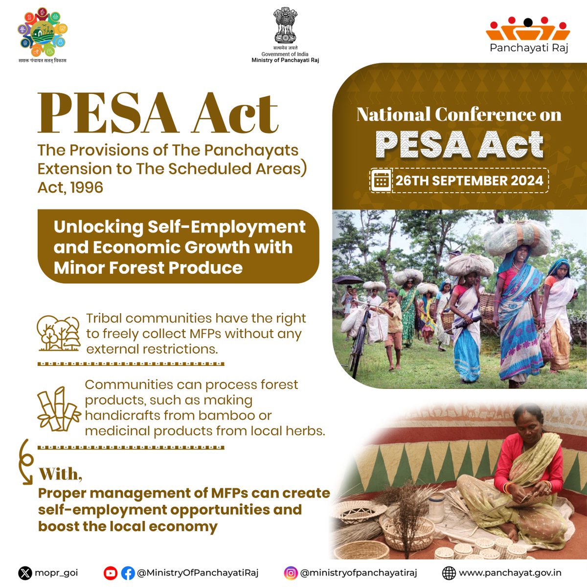 mopr_goi's tweet photo. The #PESA Act 1996, promotes self-employment &amp; economic growth through Minor Forest Produce. Tribal communities have the right to collect MFPs freely and can process these resources into handicrafts and medicinal products, enhancing local economies &amp; creating job opportunities. https://t.co/t8nS2xuyG3