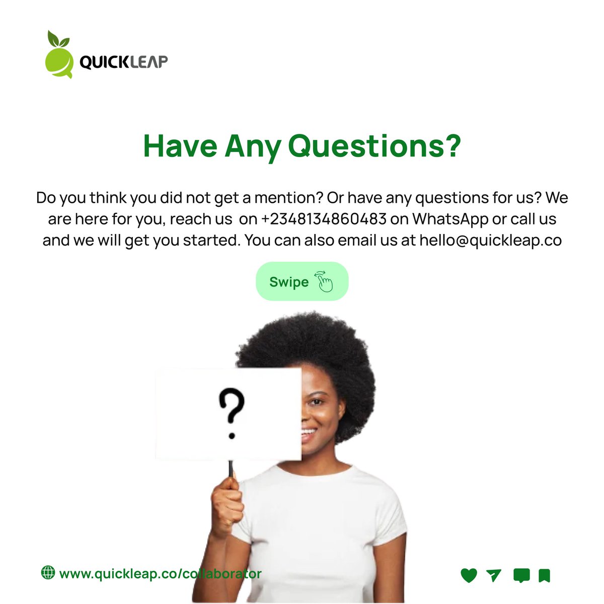 quickLeap's tweet photo. Do you think you did not get a mention? Or have any questions for us? We are here for you, reach us on +2348134860483 on WhatsApp or call us and we will get you started. You can also email us at hello@quickleap.co
#questions #foodsystems #staffofbread #foodsecurity #life https://t.co/jiaOEgMkjg