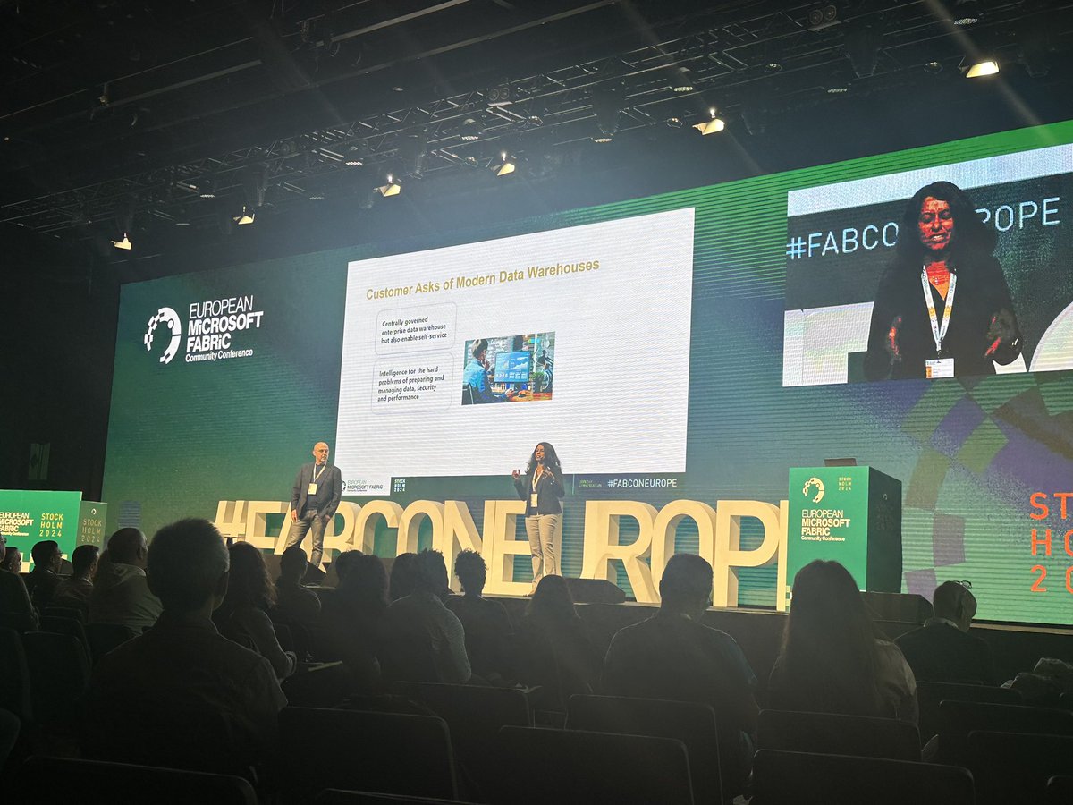 Watching <a href="/bogdanC_guid/">Bogdan Crivat</a> and <a href="/askpriya/">Priya Sathy</a> rocking it on stage diving into the #warehouse architecture and roadmap #msfabric #fabconeurope