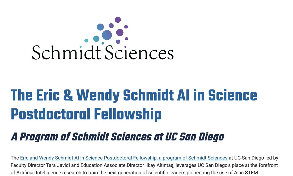 On the postdoc job market? Interested in applying AI/statistics to Astronomy &amp; joining @ucsdastro? Don't forget to apply to the "Schmidt AI" fellowship, due Oct 7!: I would be happy to support your application &amp; host you! postdoc.ucsd.edu/funding/schmid…