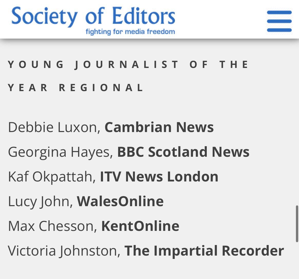 Georgina Hayes (@georgina__hayes) on Twitter photo Delighted to have been shortlisted for Young Regional Journalist of the Year by <a href="/EditorsUK/">Society of Editors UK</a> for my work on housing for BBC Scotland News.
Big thanks to everyone that shared their stories or helped facilitate coverage - and the brilliant wider Scotland news team! Delighted to have been shortlisted for Young Regional Journalist of the Year by <a href="/EditorsUK/">Society of Editors UK</a> for my work on housing for BBC Scotland News.
Big thanks to everyone that shared their stories or helped facilitate coverage - and the brilliant wider Scotland news team!