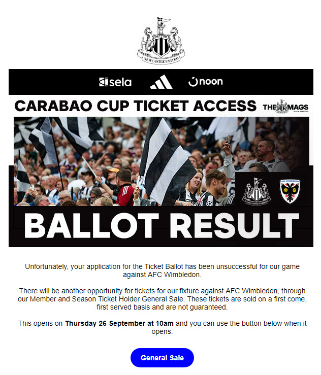 Searla's tweet photo. After failed ballot attempts for every home game this season, I thought that at least I'll bag tickets for a cup game against Wimbledon? Guess not! Absolute shambles... #nufc #NewcastleUnited @NUFC https://t.co/8DR2txAxf4
